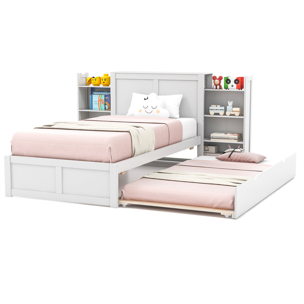 Twin/Full Kids Wooden Platform Bed with Trundle Storage Headboard-Twin Size-Simple Bed Frame-DECOROLALA