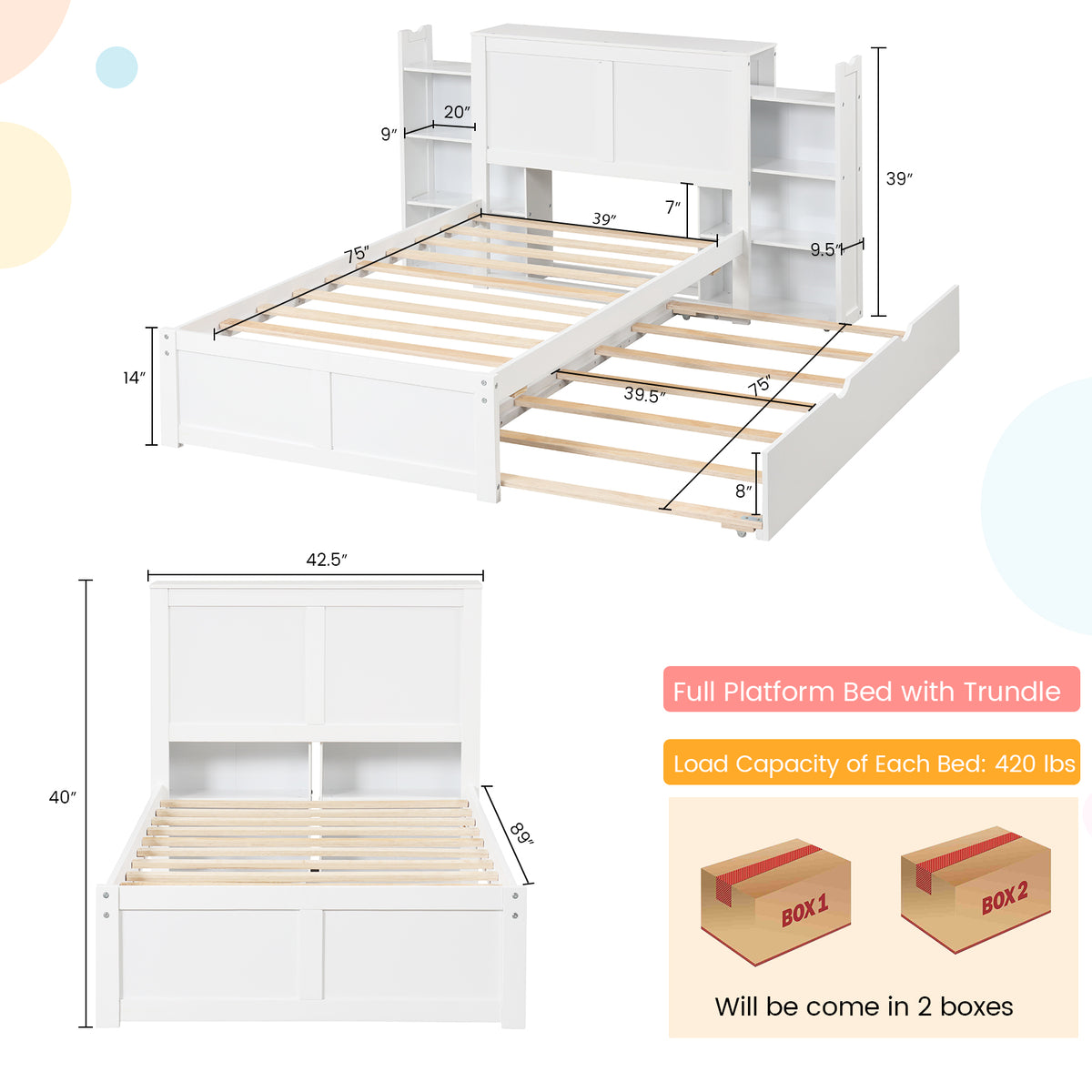 Twin/Full Kids Wooden Platform Bed with Trundle Storage Headboard-Twin Size-Simple Bed Frame-DECOROLALA