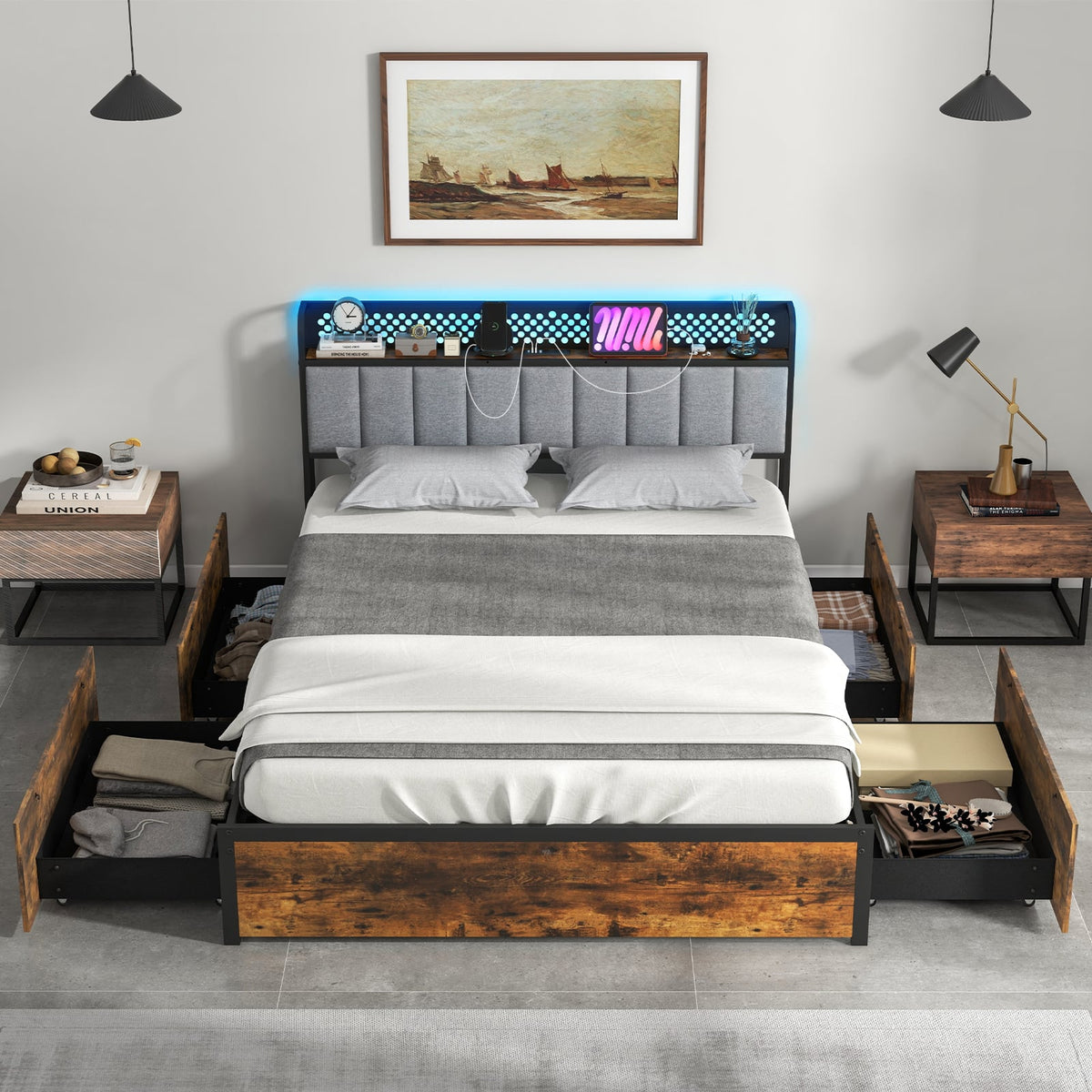 Twin/Full/Queen Bed Frame with LED Lights Upholstered Headboard and 4 Storage Drawers-Full Size-Simple Bed Frame-DECOROLALA