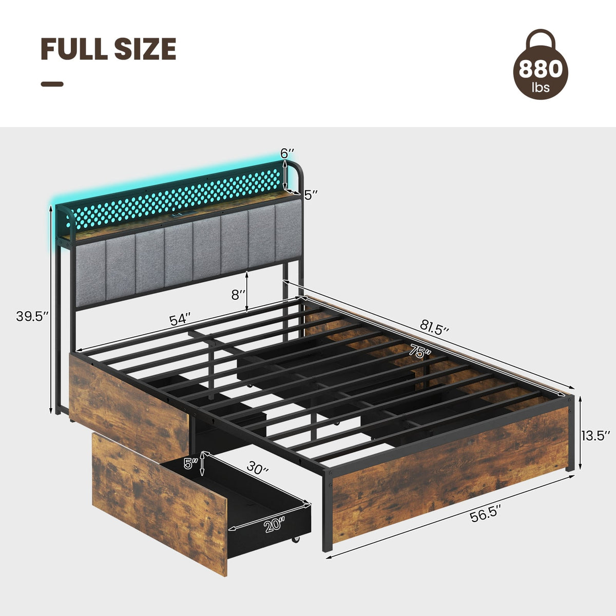 Twin/Full/Queen Bed Frame with LED Lights Upholstered Headboard and 4 Storage Drawers-Full Size-Simple Bed Frame-DECOROLALA