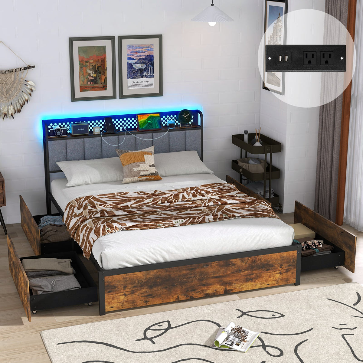 Twin/Full/Queen Bed Frame with LED Lights Upholstered Headboard and 4 Storage Drawers-Full Size-Simple Bed Frame-DECOROLALA