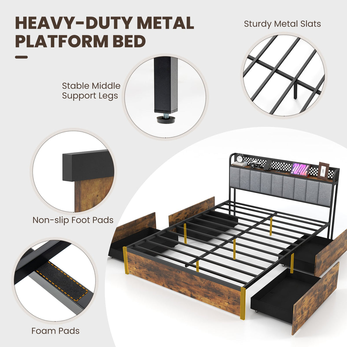 Twin/Full/Queen Bed Frame with LED Lights Upholstered Headboard and 4 Storage Drawers-Full Size-Simple Bed Frame-DECOROLALA