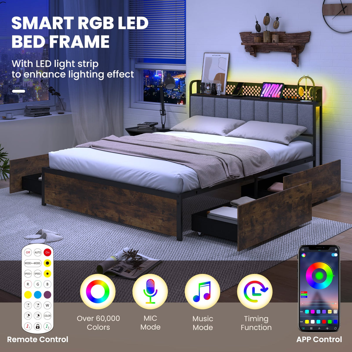 Twin/Full/Queen Bed Frame with LED Lights Upholstered Headboard and 4 Storage Drawers-Full Size-Simple Bed Frame-DECOROLALA