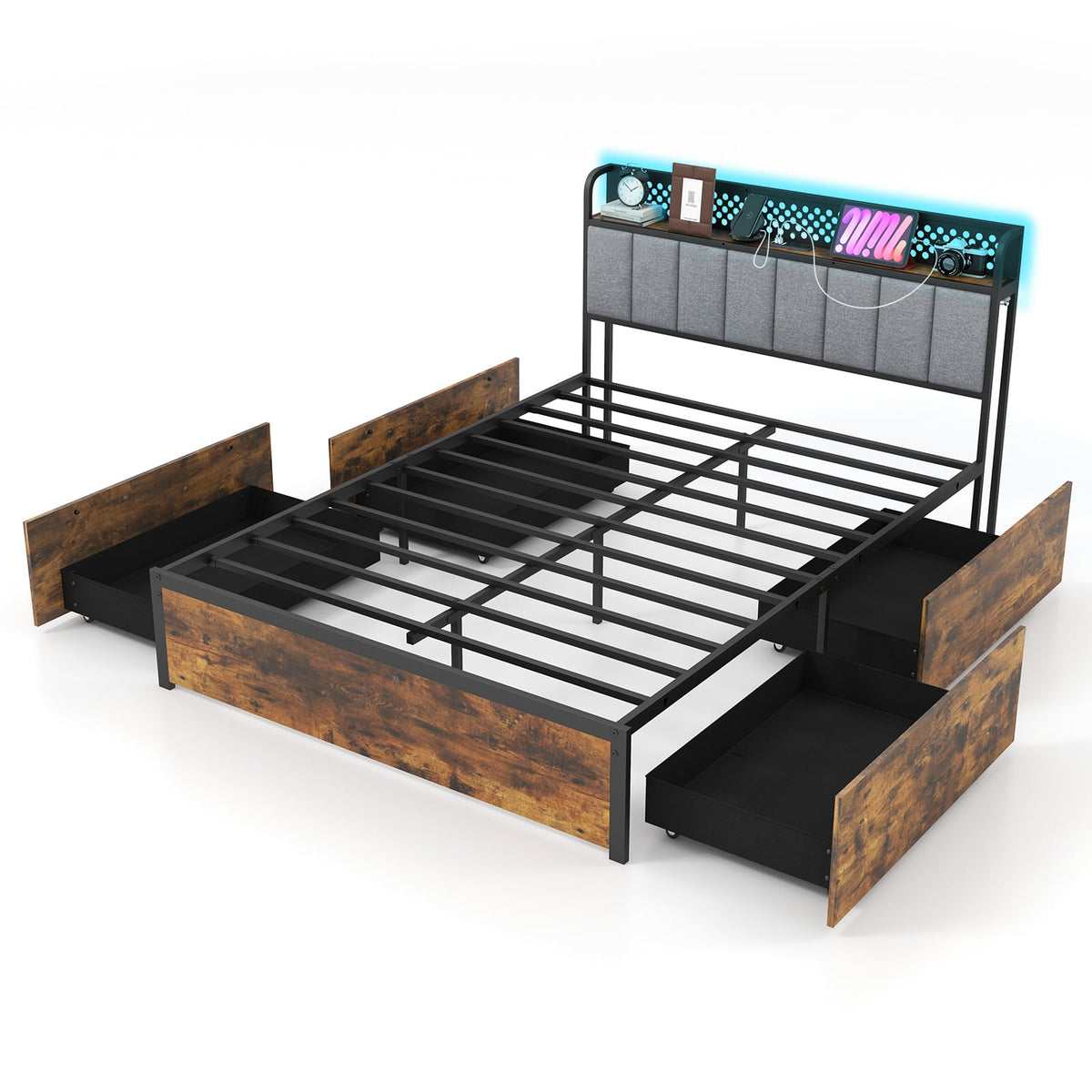 Twin/Full/Queen Bed Frame with LED Lights Upholstered Headboard and 4 Storage Drawers-Full Size-Simple Bed Frame-DECOROLALA