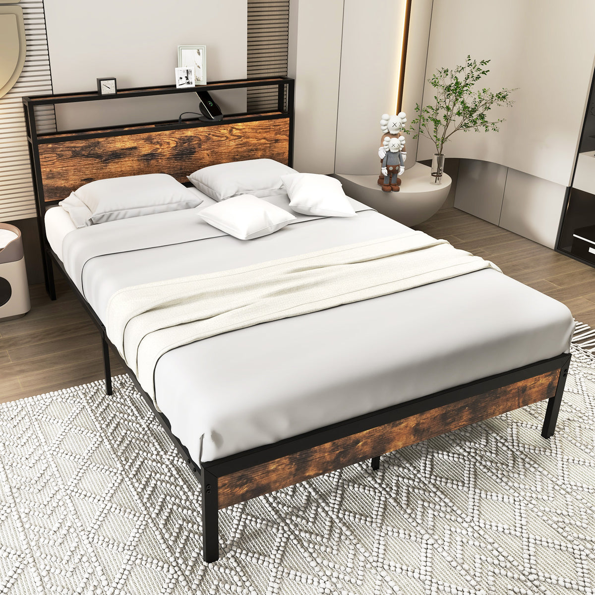 Twin/Full/Queen Bed Frame with Storage Headboard and Charging Station-Full Size-Simple Bed Frame-DECOROLALA