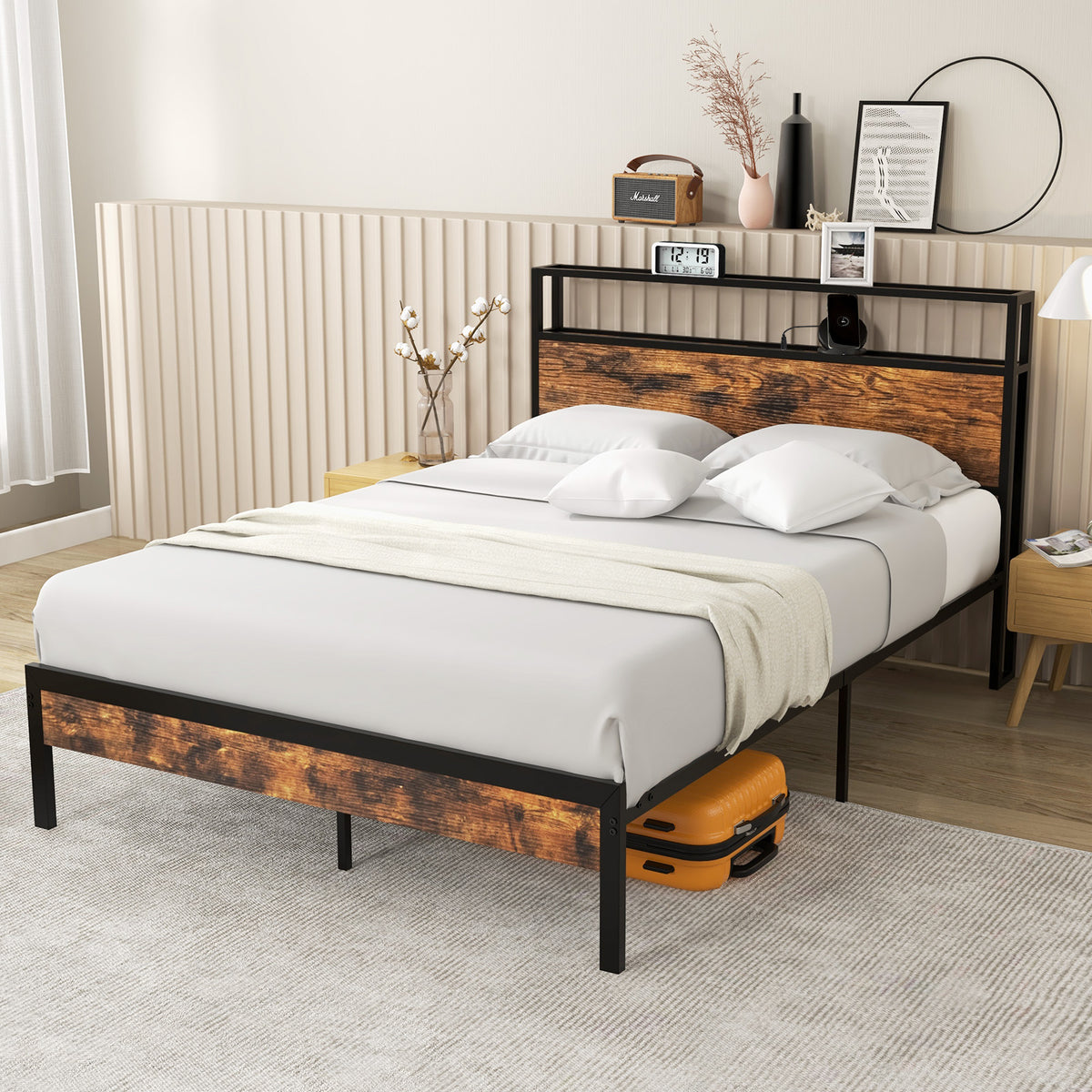 Twin/Full/Queen Bed Frame with Storage Headboard and Charging Station-Full Size-Simple Bed Frame-DECOROLALA