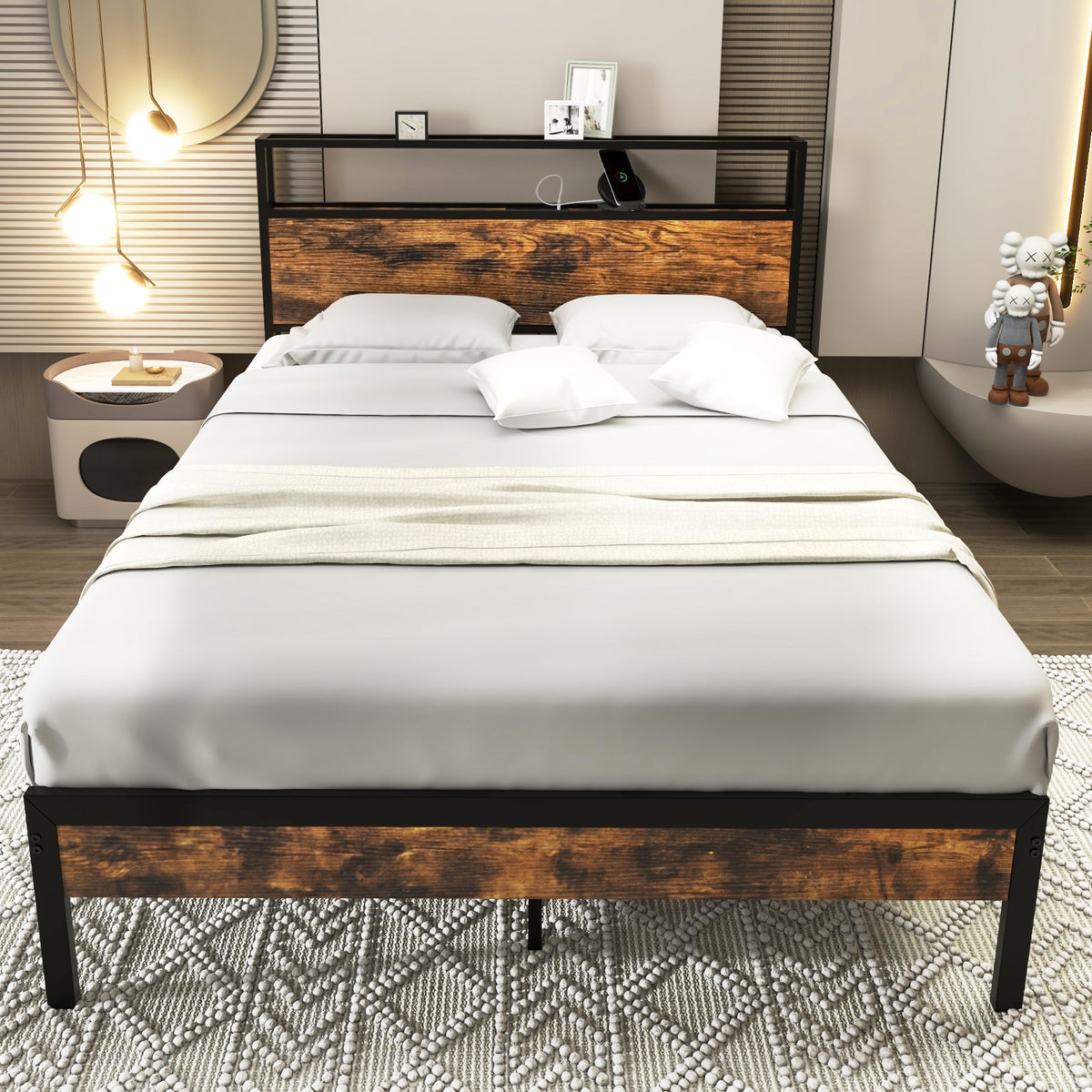 Twin/Full/Queen Bed Frame with Storage Headboard and Charging Station-Full Size-Simple Bed Frame-DECOROLALA