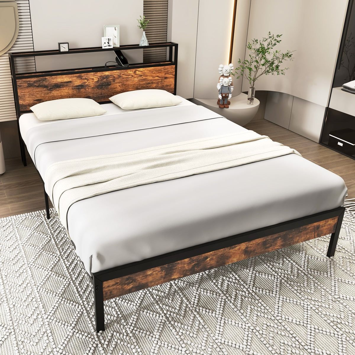 Twin/Full/Queen Bed Frame with Storage Headboard and Charging Station-Queen Size-Simple Bed Frame-DECOROLALA