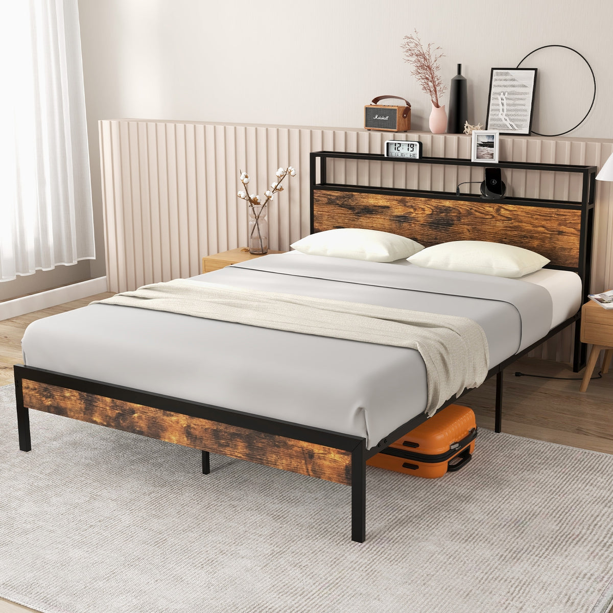 Twin/Full/Queen Bed Frame with Storage Headboard and Charging Station-Queen Size-Simple Bed Frame-DECOROLALA