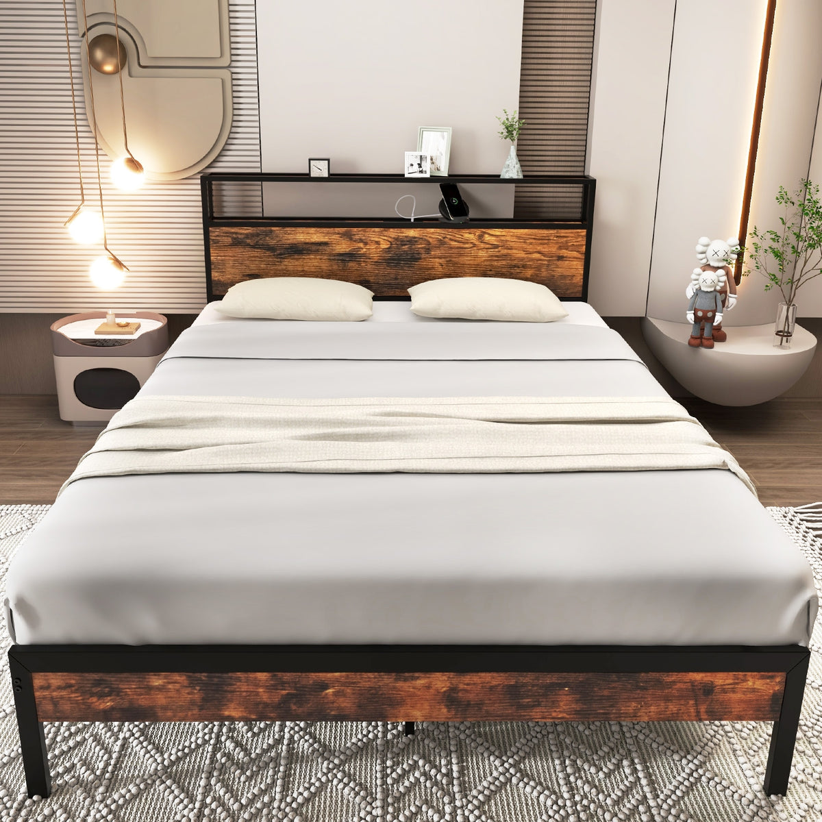 Twin/Full/Queen Bed Frame with Storage Headboard and Charging Station-Queen Size-Simple Bed Frame-DECOROLALA