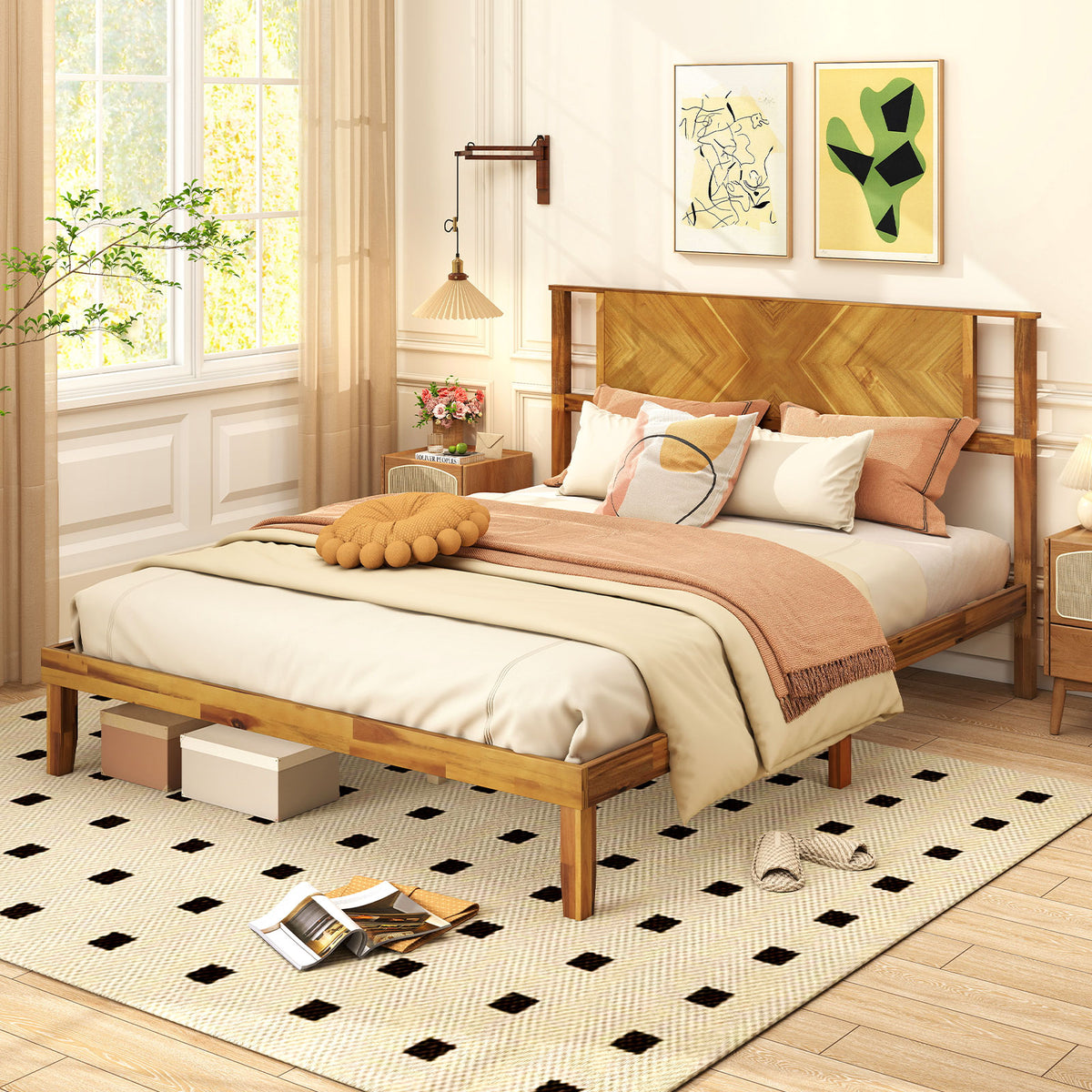 Twin/Full/Queen Size Bed Frame Mid-Century Acacia Wood Platform Bed with Headboard-Queen Size-Simple Bed Frame-DECOROLALA