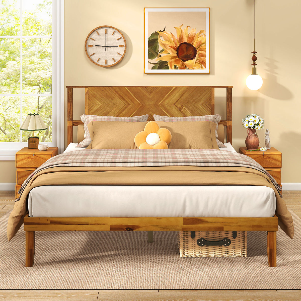 Twin/Full/Queen Size Bed Frame Mid-Century Acacia Wood Platform Bed with Headboard-Queen Size-Simple Bed Frame-DECOROLALA