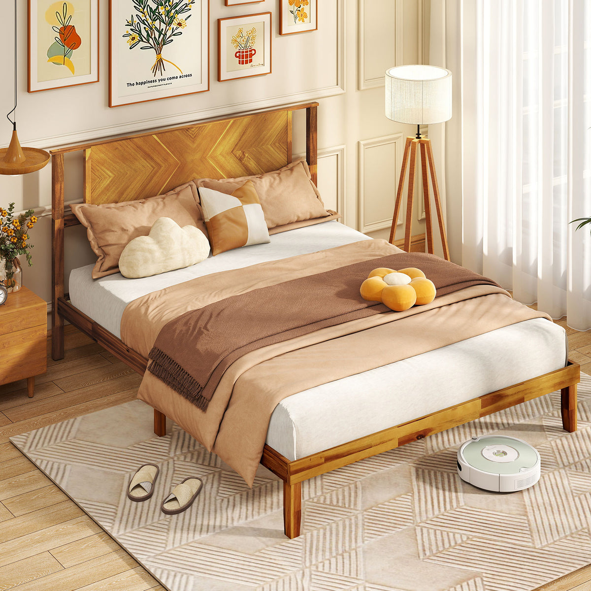 Twin/Full/Queen Size Bed Frame Mid-Century Acacia Wood Platform Bed with Headboard-Queen Size-Simple Bed Frame-DECOROLALA