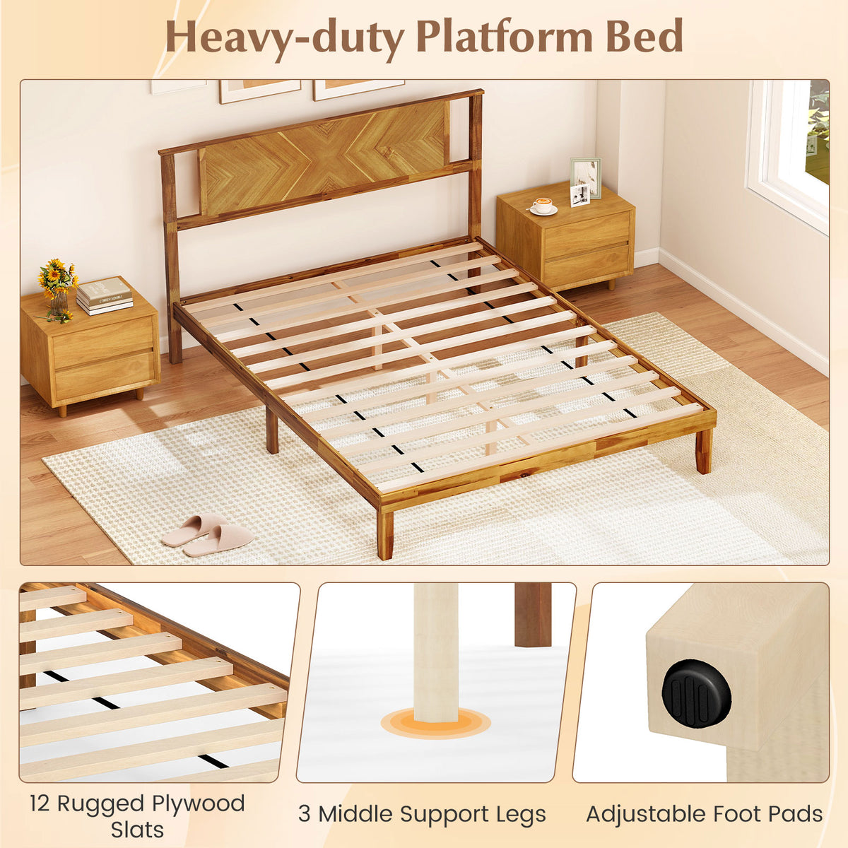Twin/Full/Queen Size Bed Frame Mid-Century Acacia Wood Platform Bed with Headboard-Queen Size-Simple Bed Frame-DECOROLALA
