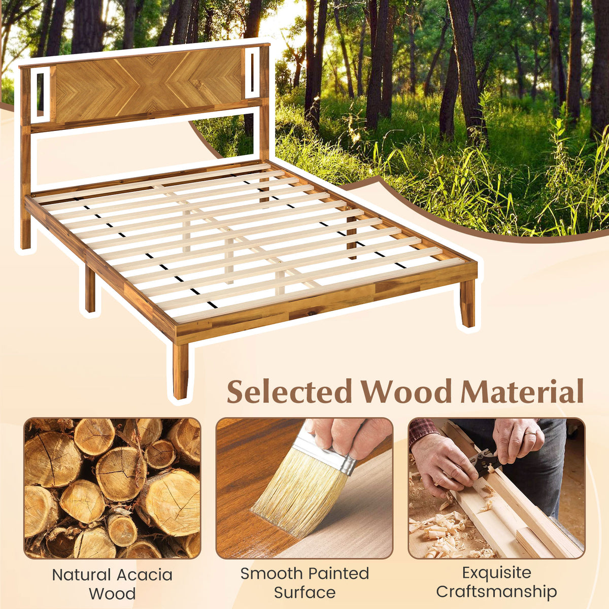 Twin/Full/Queen Size Bed Frame Mid-Century Acacia Wood Platform Bed with Headboard-Queen Size-Simple Bed Frame-DECOROLALA