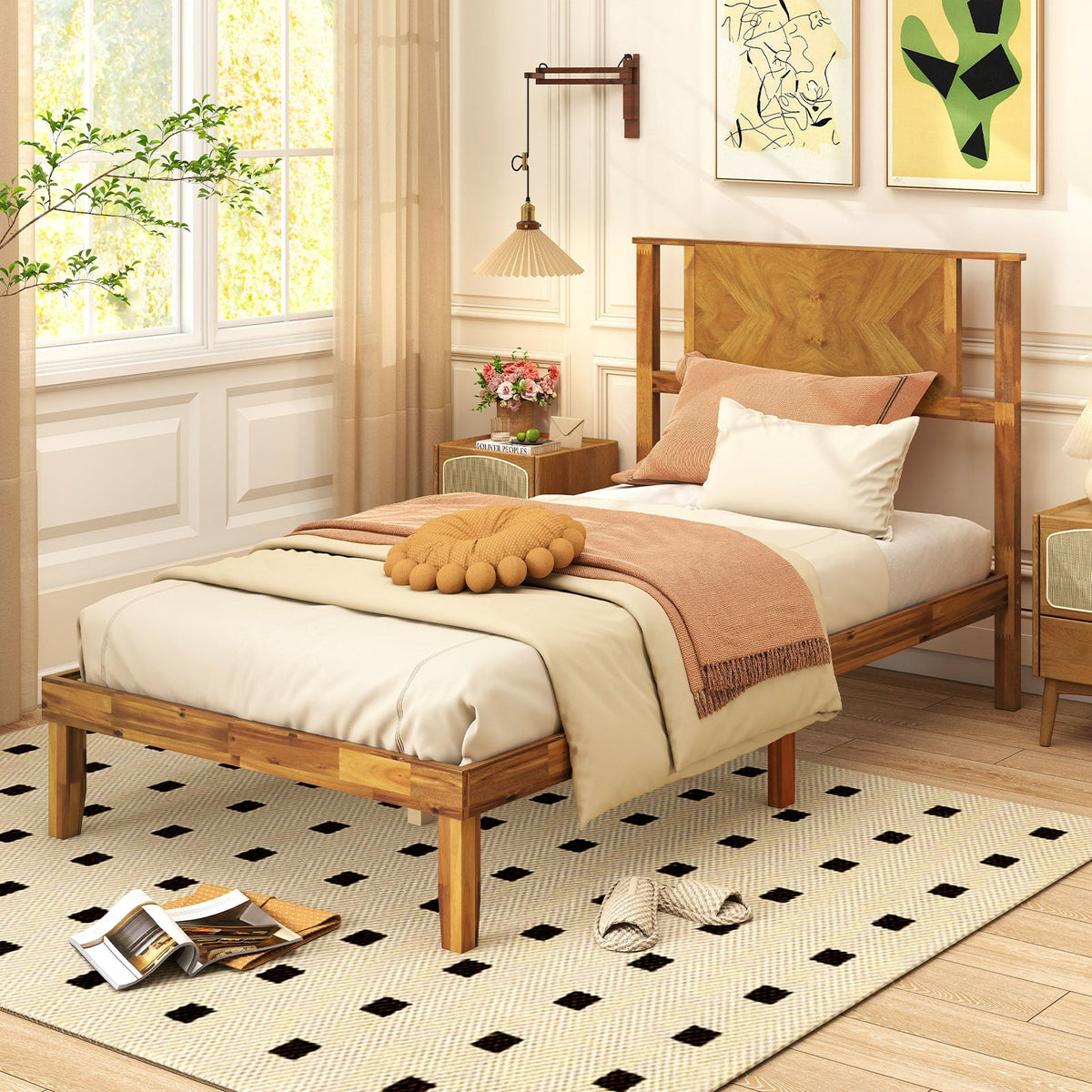 Twin/Full/Queen Size Bed Frame Mid-Century Acacia Wood Platform Bed with Headboard-Twin Size-Simple Bed Frame-DECOROLALA