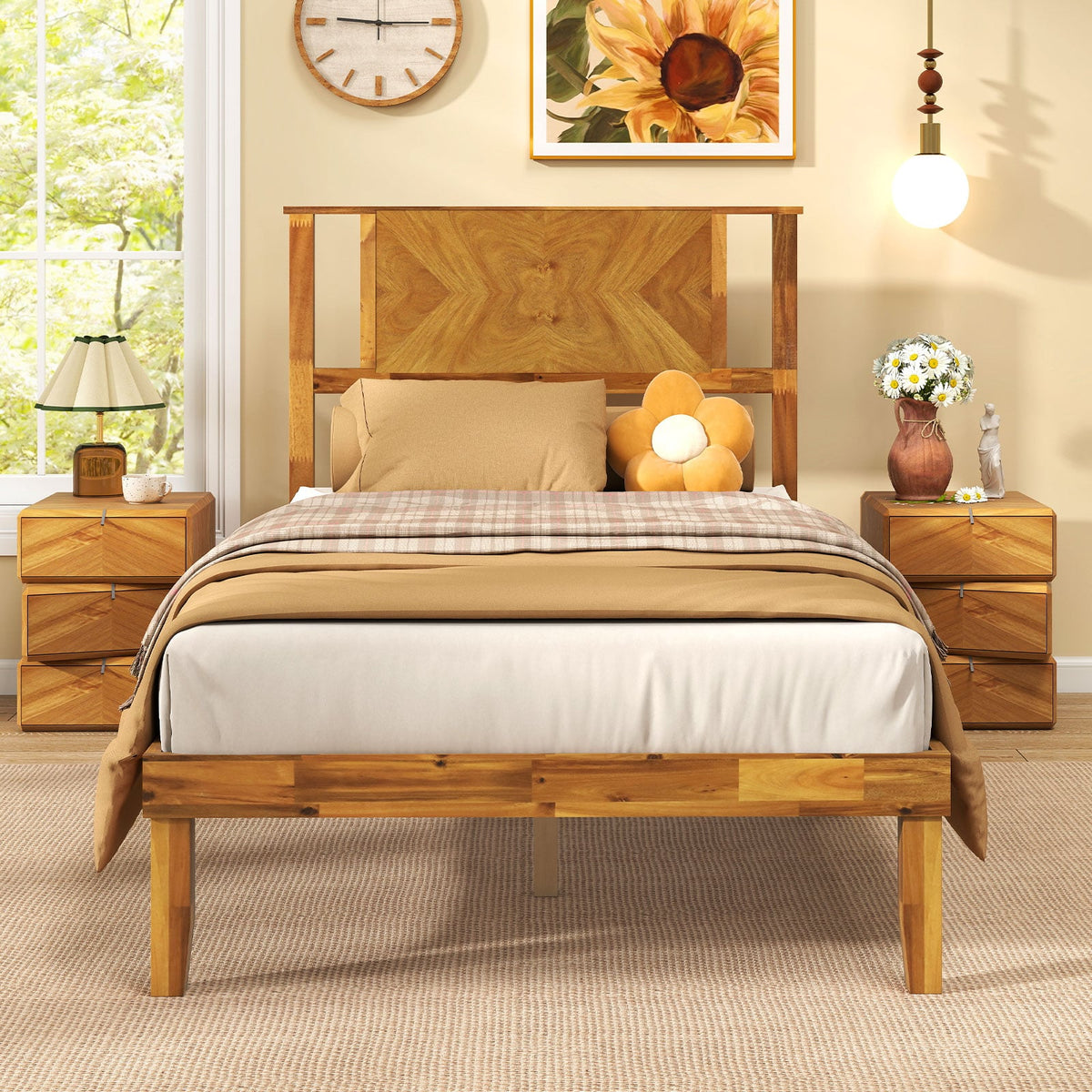 Twin/Full/Queen Size Bed Frame Mid-Century Acacia Wood Platform Bed with Headboard-Twin Size-Simple Bed Frame-DECOROLALA