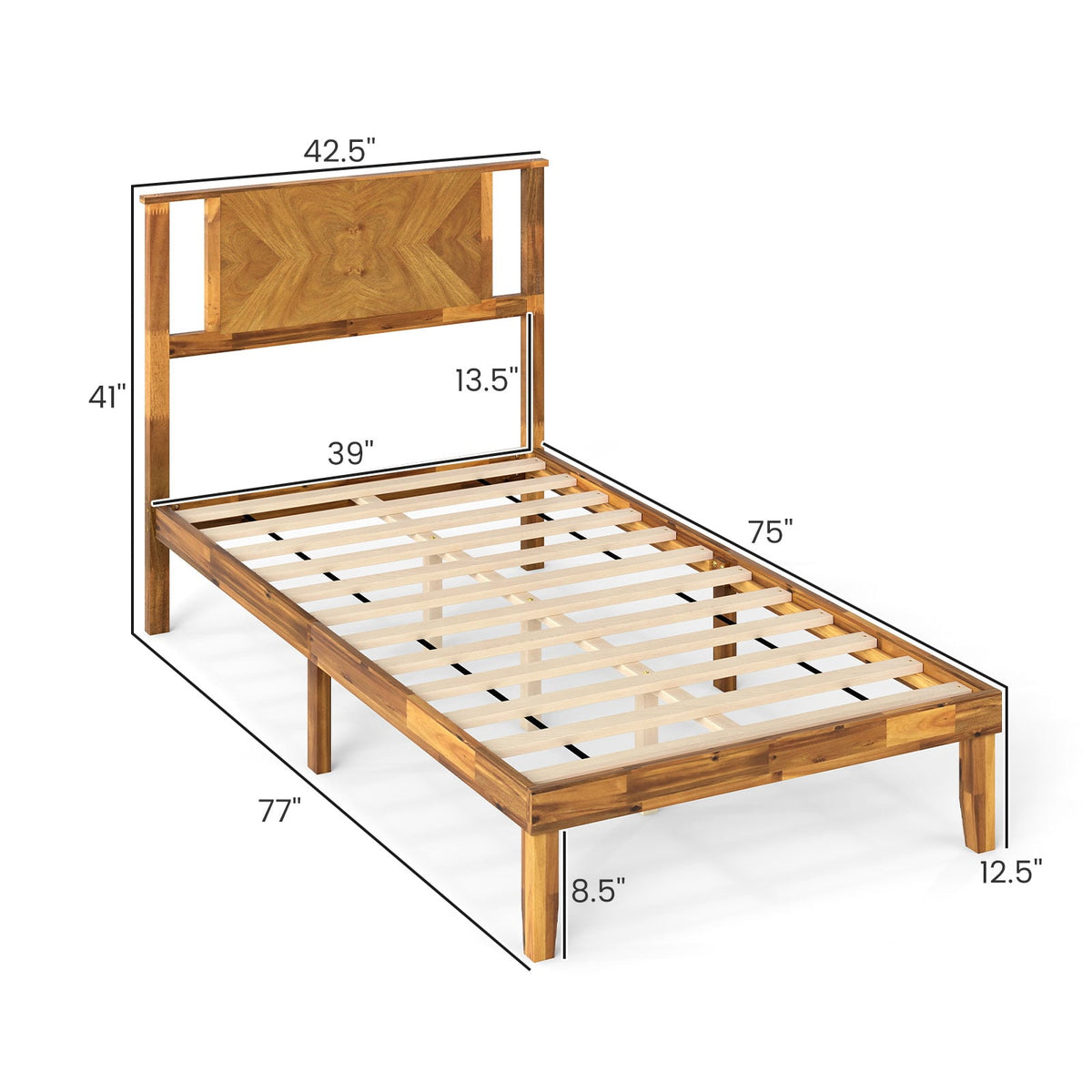 Twin/Full/Queen Size Bed Frame Mid-Century Acacia Wood Platform Bed with Headboard-Twin Size-Simple Bed Frame-DECOROLALA