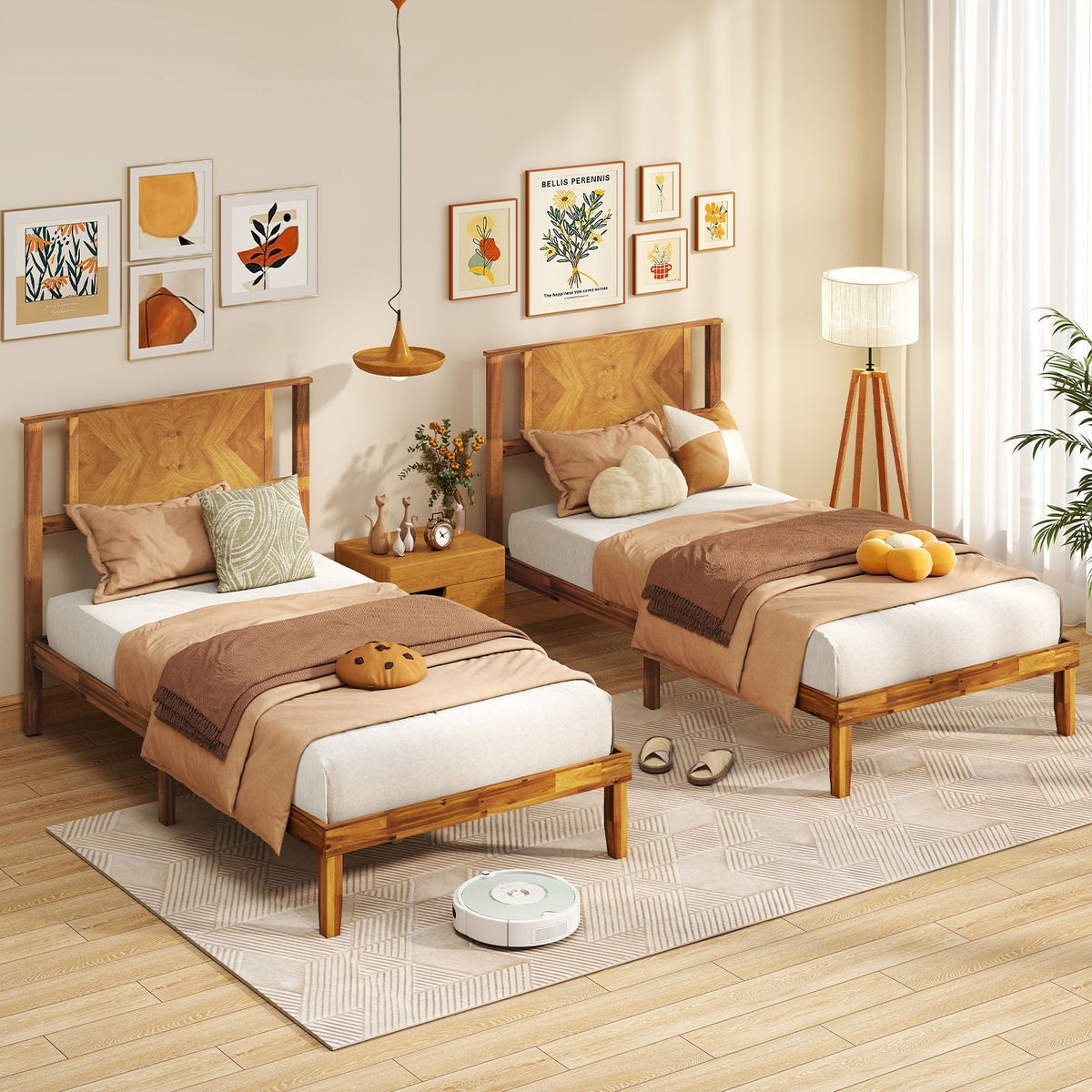 Twin/Full/Queen Size Bed Frame Mid-Century Acacia Wood Platform Bed with Headboard-Twin Size-Simple Bed Frame-DECOROLALA