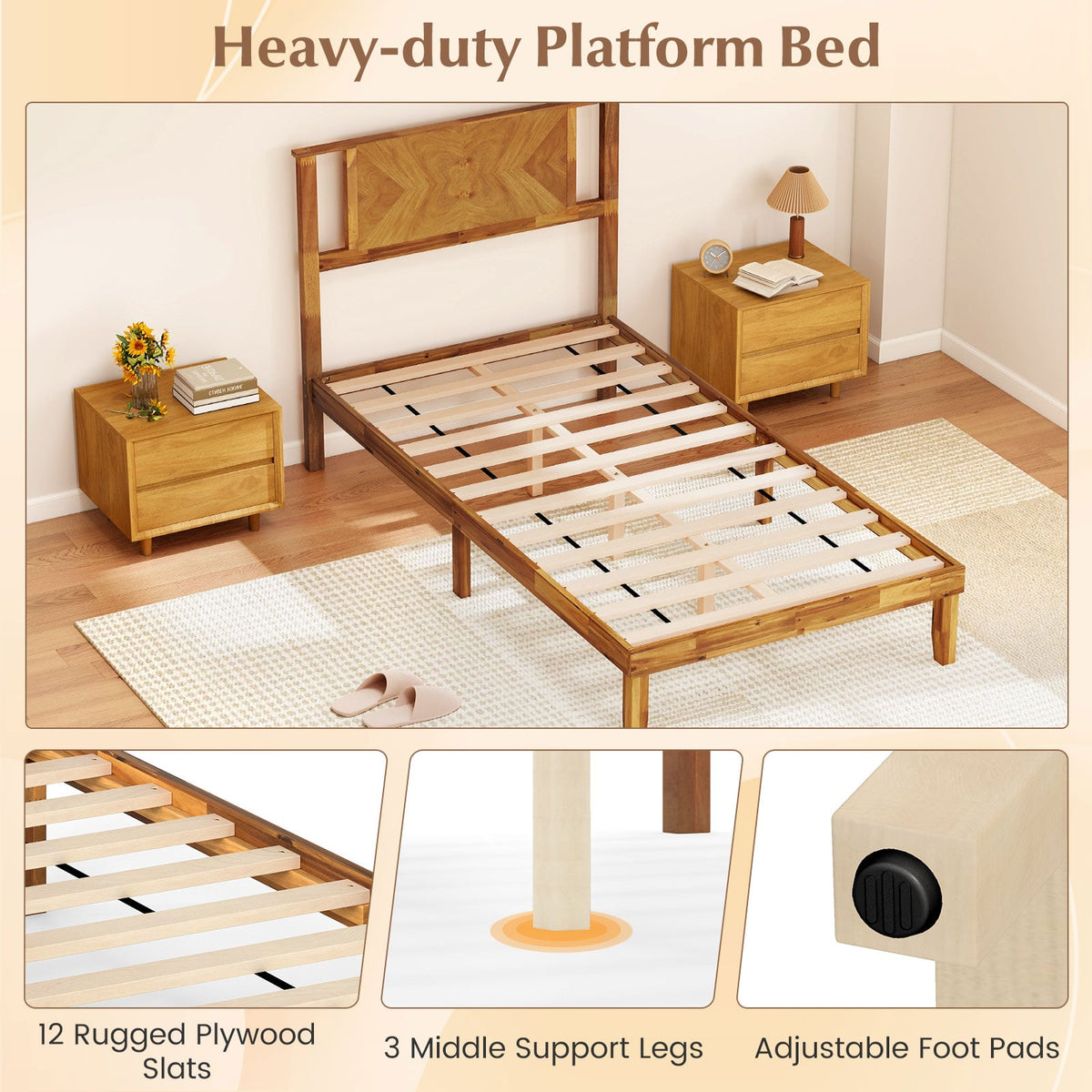 Twin/Full/Queen Size Bed Frame Mid-Century Acacia Wood Platform Bed with Headboard-Twin Size-Simple Bed Frame-DECOROLALA