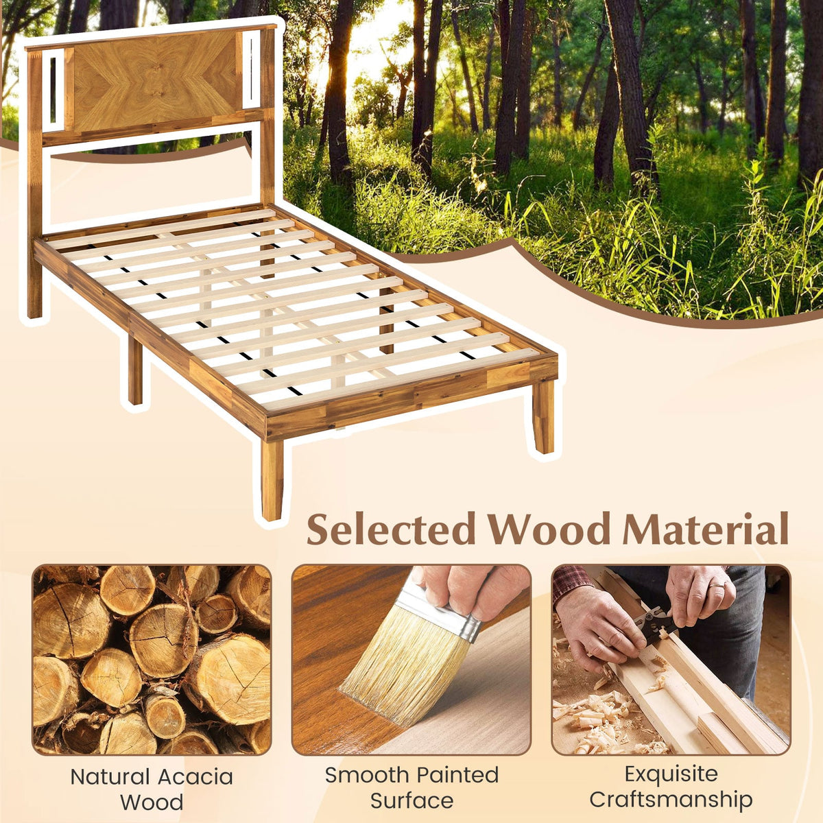 Twin/Full/Queen Size Bed Frame Mid-Century Acacia Wood Platform Bed with Headboard-Twin Size-Simple Bed Frame-DECOROLALA