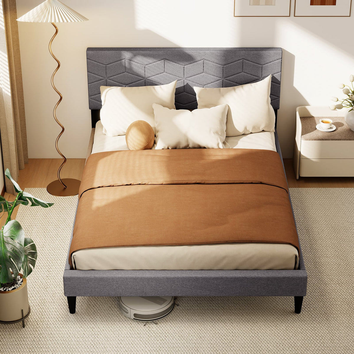 Twin/Full/Queen Size Bed Frame Modern Platform Bed with Linen Fabric Upholstered Headboard-Full-Simple Bed Frame-DECOROLALA