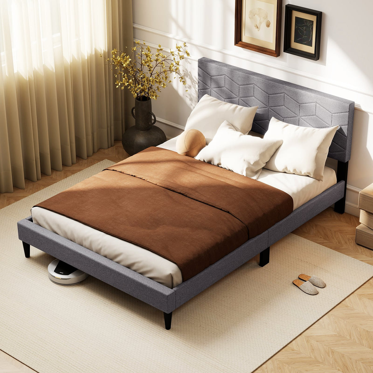 Twin/Full/Queen Size Bed Frame Modern Platform Bed with Linen Fabric Upholstered Headboard-Full-Simple Bed Frame-DECOROLALA