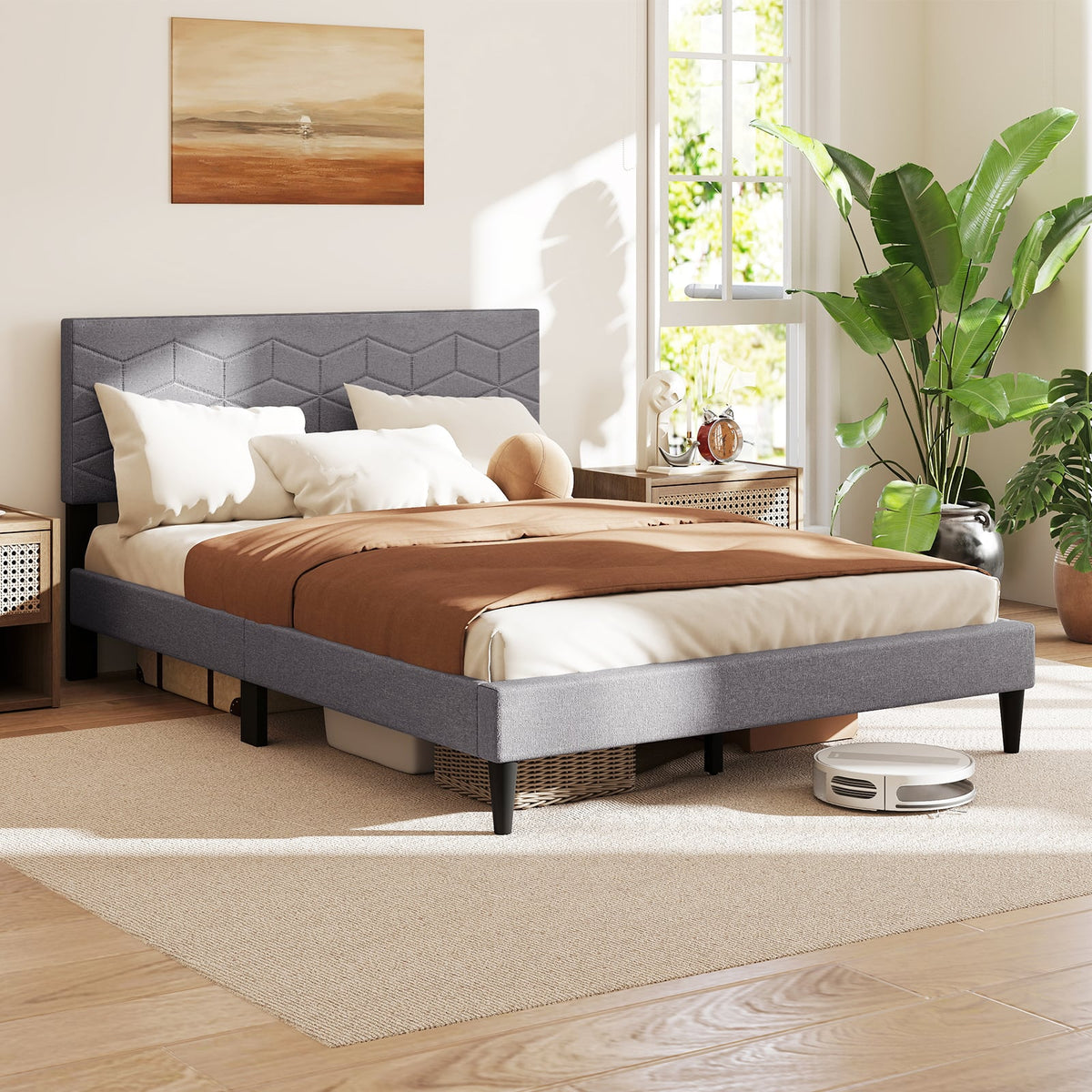 Twin/Full/Queen Size Bed Frame Modern Platform Bed with Linen Fabric Upholstered Headboard-Full-Simple Bed Frame-DECOROLALA