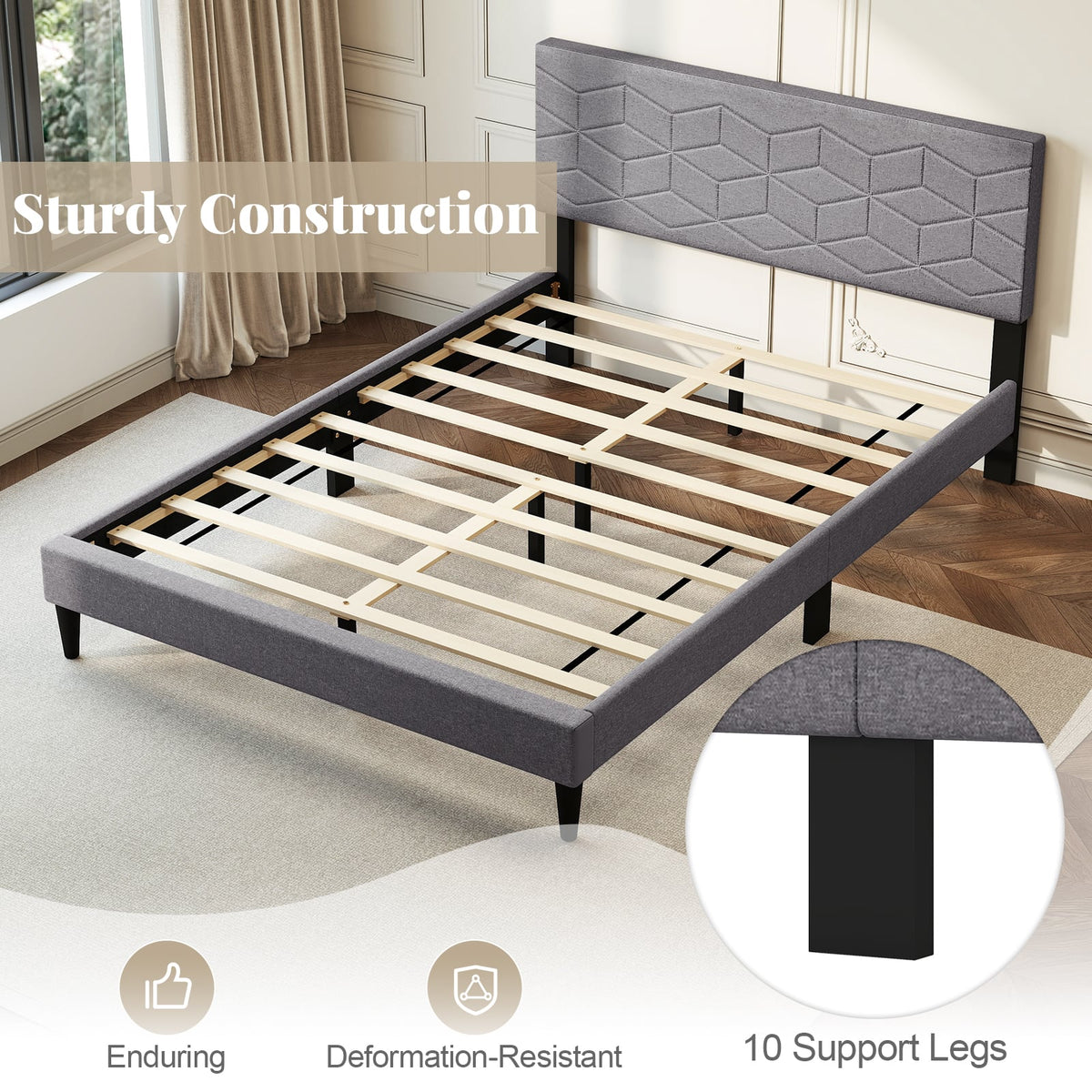 Twin/Full/Queen Size Bed Frame Modern Platform Bed with Linen Fabric Upholstered Headboard-Full-Simple Bed Frame-DECOROLALA