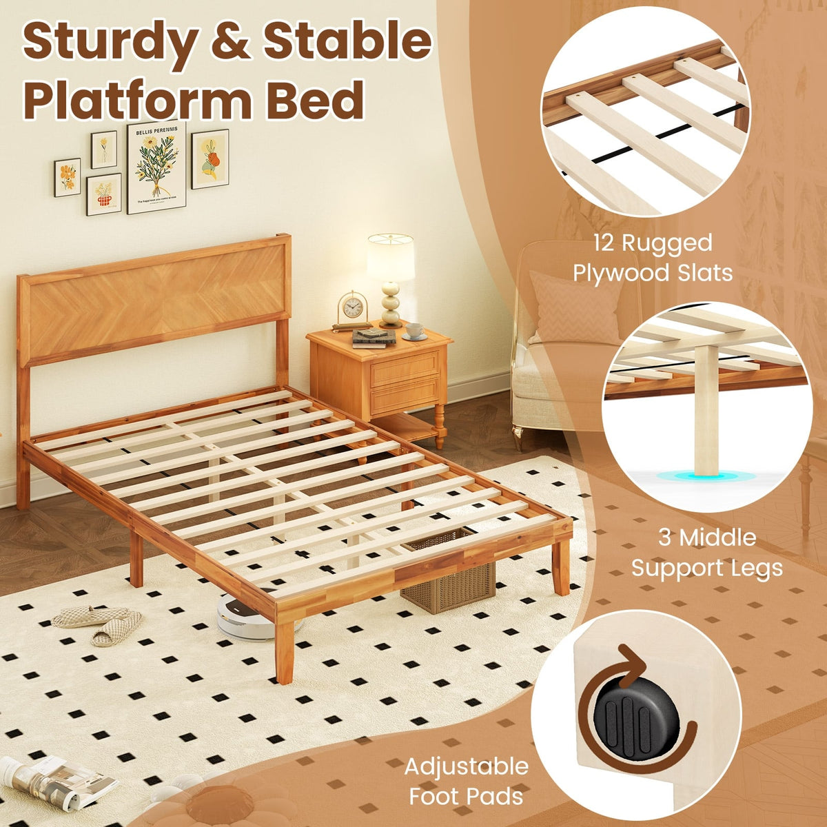 Twin/Full/Queen Size Bed Frame with Headboard and Storage Space-Full Size-Simple Bed Frame-DECOROLALA