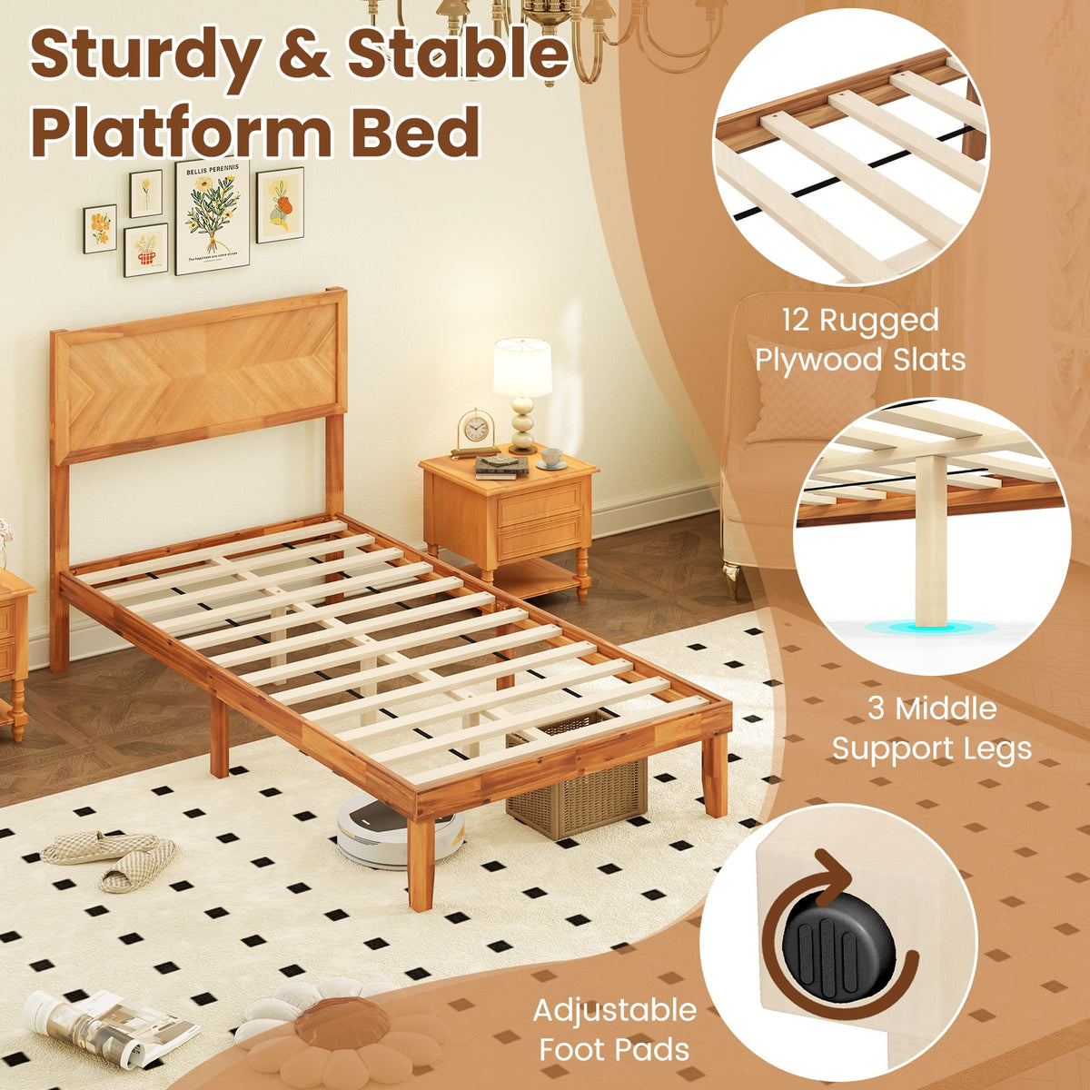Twin/Full/Queen Size Bed Frame with Headboard and Storage Space-Twin Size-Simple Bed Frame-DECOROLALA