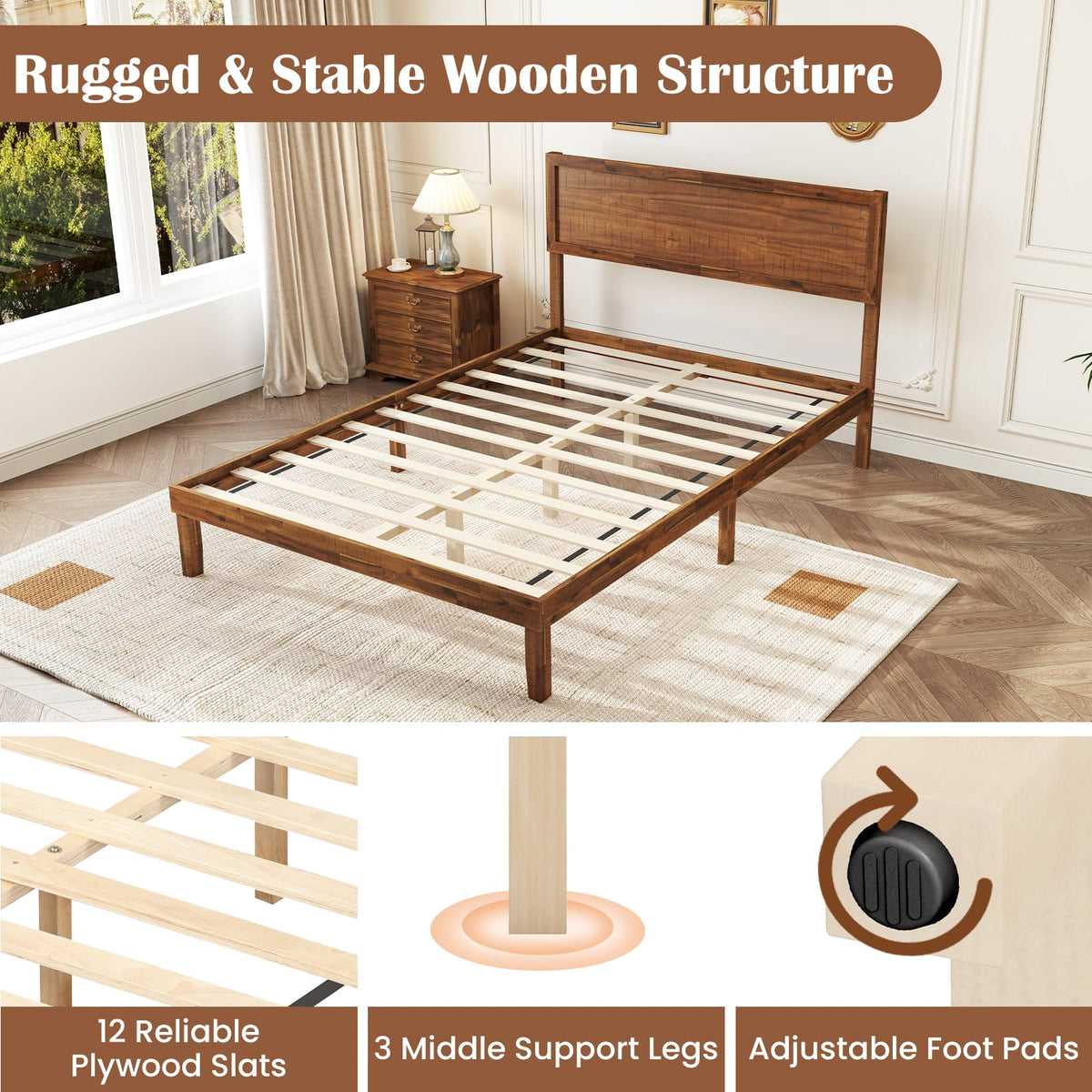 Twin/Full/Queen Size Bed Frame with Headboard and Wooden Slats Support-Full Size-Simple Bed Frame-DECOROLALA
