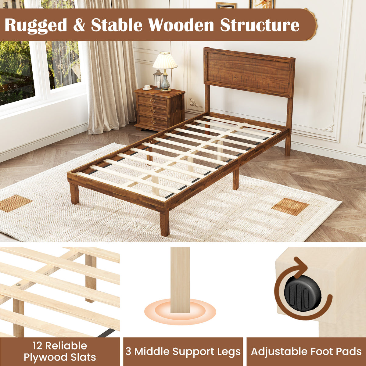 Twin/Full/Queen Size Bed Frame with Headboard and Wooden Slats Support-Twin Size-Simple Bed Frame-DECOROLALA