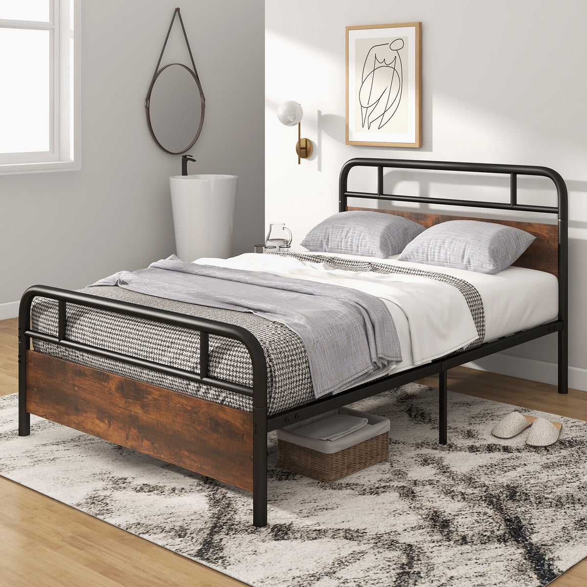 Twin/Full/Queen Size Bed Frame with Industrial Headboard-Full Size-Simple Bed Frame-DECOROLALA