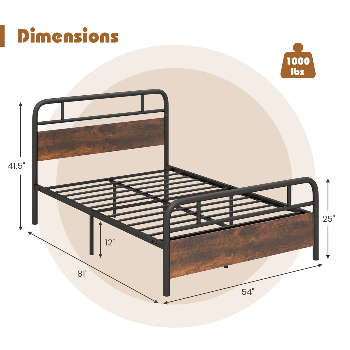 Twin/Full/Queen Size Bed Frame with Industrial Headboard-Full Size-Simple Bed Frame-DECOROLALA