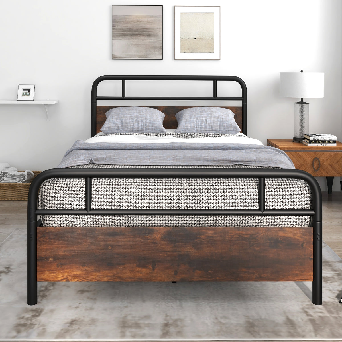 Twin/Full/Queen Size Bed Frame with Industrial Headboard-Full Size-Simple Bed Frame-DECOROLALA