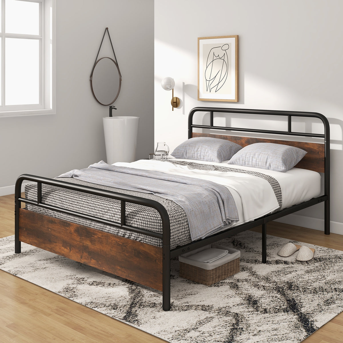 Twin/Full/Queen Size Bed Frame with Industrial Headboard-Queen Size-Simple Bed Frame-DECOROLALA