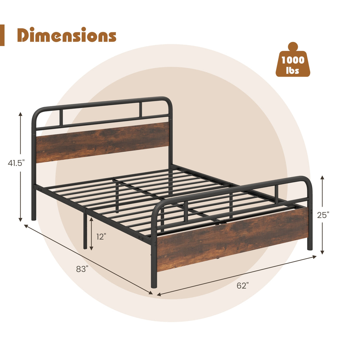 Twin/Full/Queen Size Bed Frame with Industrial Headboard-Queen Size-Simple Bed Frame-DECOROLALA