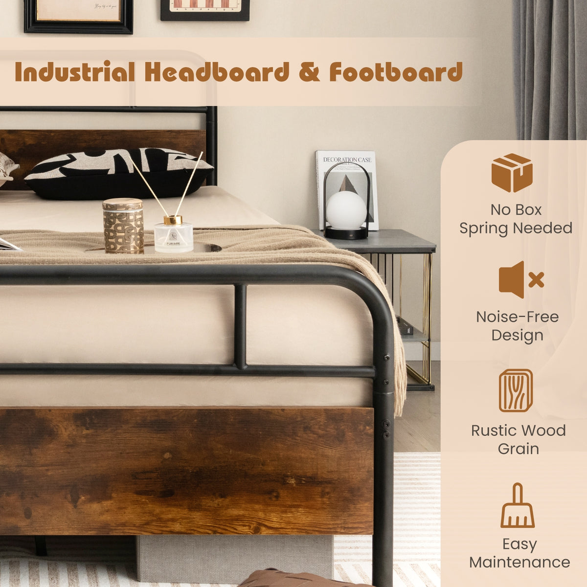 Twin/Full/Queen Size Bed Frame with Industrial Headboard-Queen Size-Simple Bed Frame-DECOROLALA