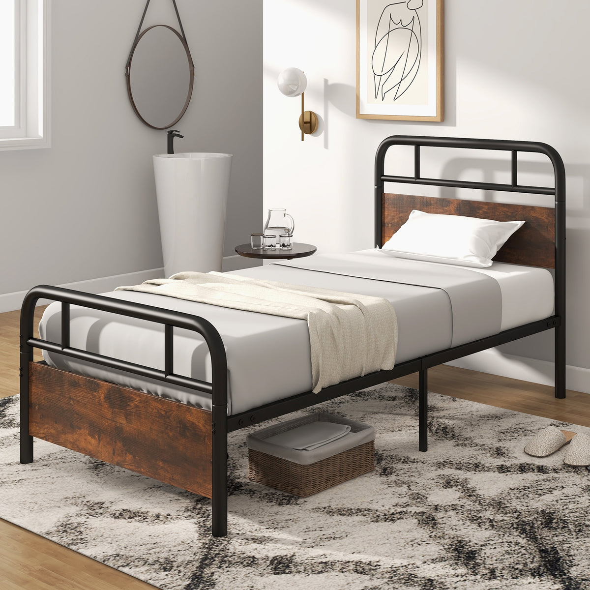 Twin/Full/Queen Size Bed Frame with Industrial Headboard-Twin Size-Simple Bed Frame-DECOROLALA