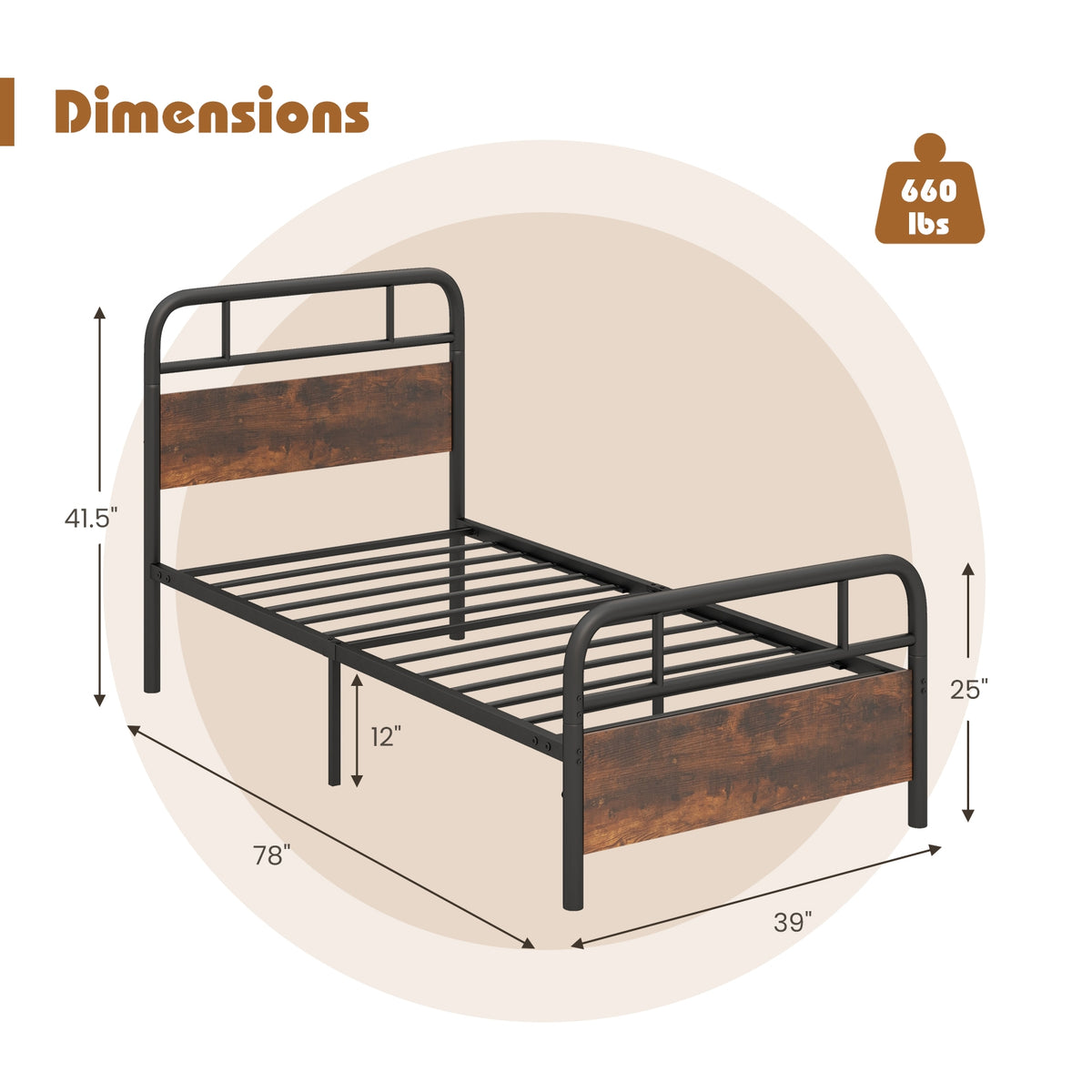 Twin/Full/Queen Size Bed Frame with Industrial Headboard-Twin Size-Simple Bed Frame-DECOROLALA