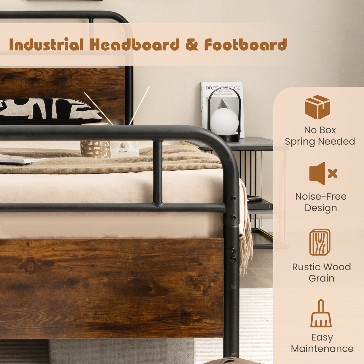Twin/Full/Queen Size Bed Frame with Industrial Headboard-Twin Size-Simple Bed Frame-DECOROLALA