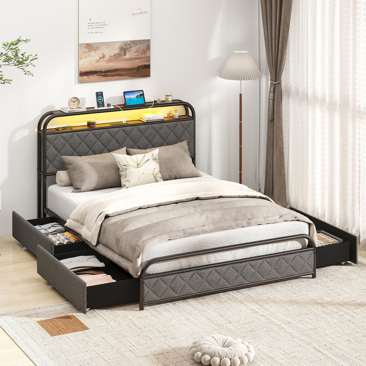 Twin/Full/Queen Size Bed Frame with LED Lights and Charging Station-Full Size-Simple Bed Frame-DECOROLALA