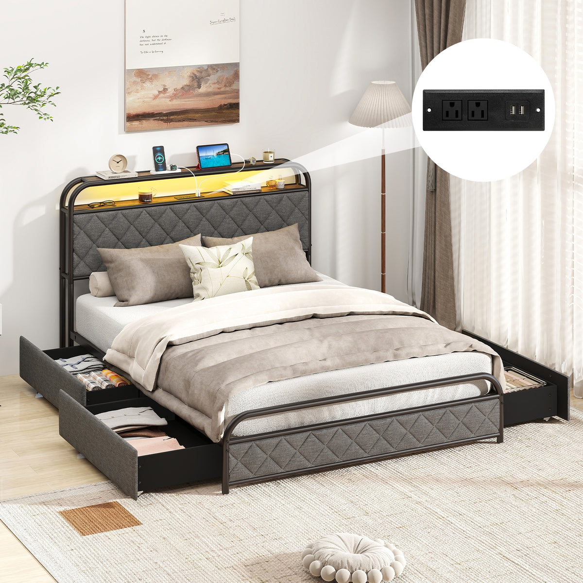 Twin/Full/Queen Size Bed Frame with LED Lights and Charging Station-Full Size-Simple Bed Frame-DECOROLALA