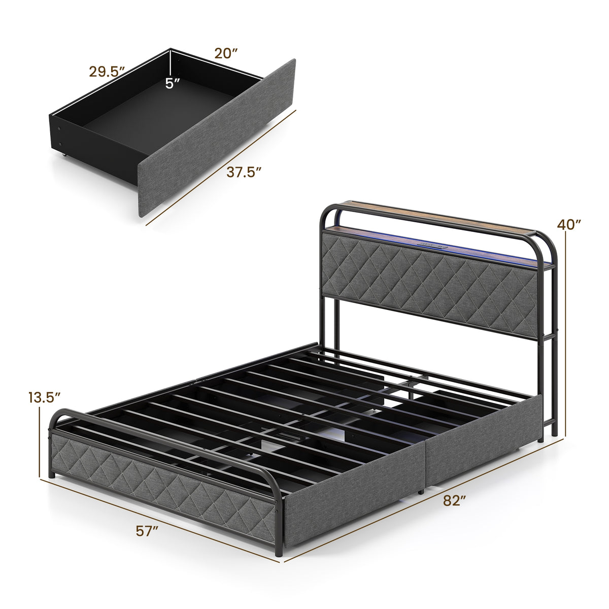 Twin/Full/Queen Size Bed Frame with LED Lights and Charging Station-Full Size-Simple Bed Frame-DECOROLALA