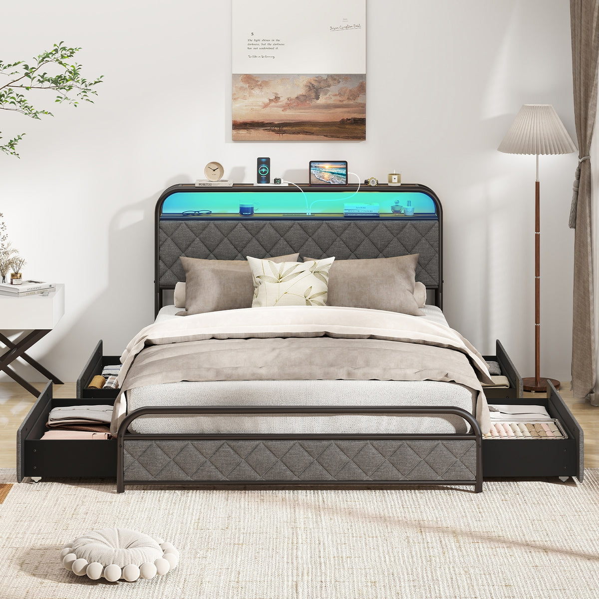 Twin/Full/Queen Size Bed Frame with LED Lights and Charging Station-Full Size-Simple Bed Frame-DECOROLALA