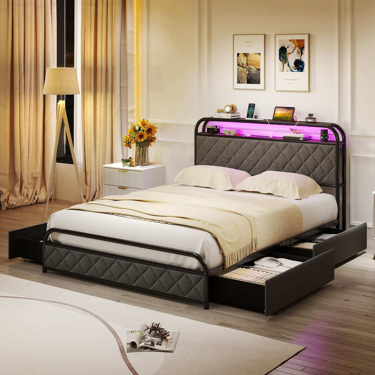 Twin/Full/Queen Size Bed Frame with LED Lights and Charging Station-Full Size-Simple Bed Frame-DECOROLALA