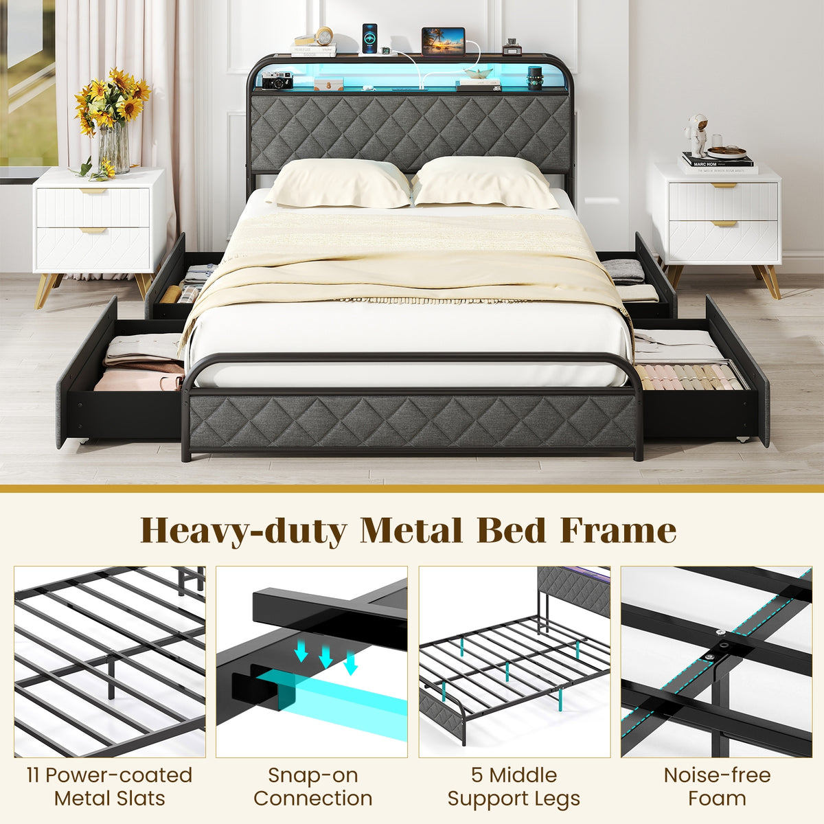 Twin/Full/Queen Size Bed Frame with LED Lights and Charging Station-Full Size-Simple Bed Frame-DECOROLALA