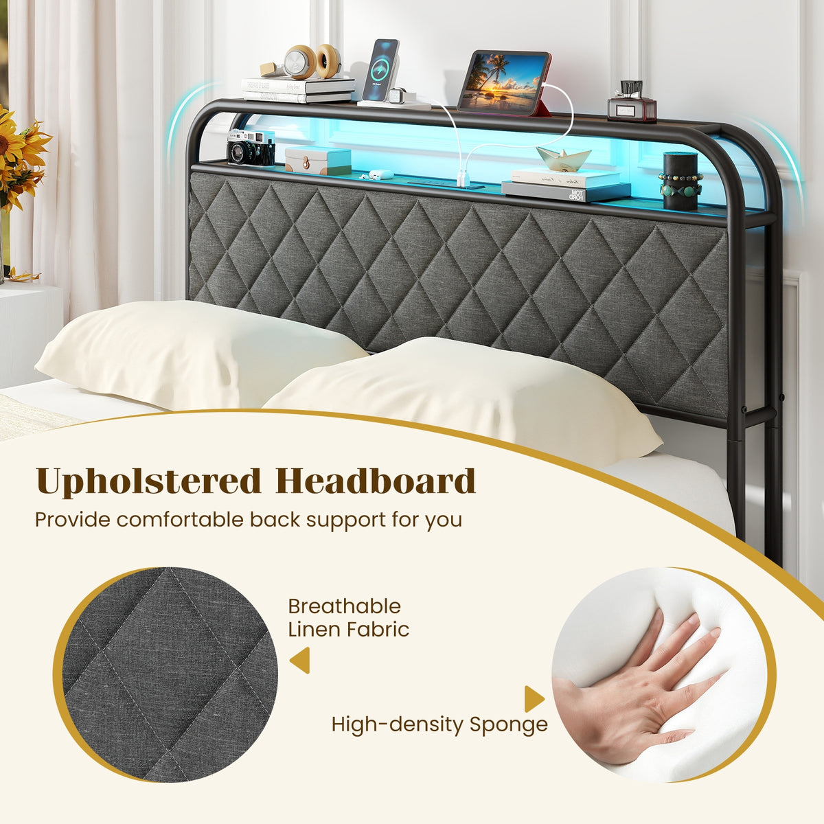 Twin/Full/Queen Size Bed Frame with LED Lights and Charging Station-Full Size-Simple Bed Frame-DECOROLALA
