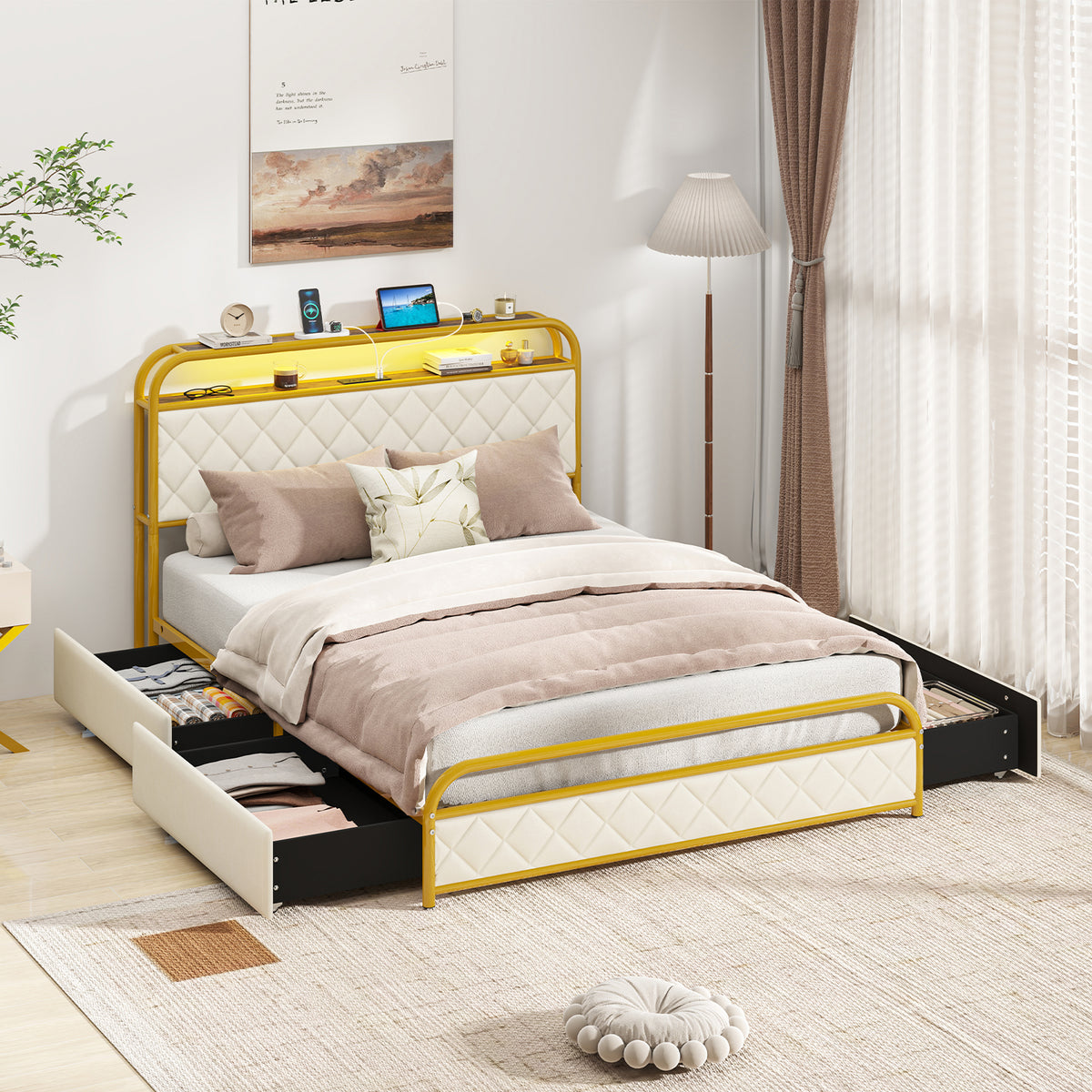 Twin/Full/Queen Size Bed Frame with LED Lights and Charging Station Gold-Full Size-Simple Bed Frame-DECOROLALA